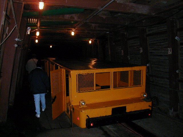 The mantrip car, waiting at the lower landing of the mine slope