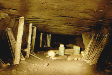 Roof bolts are long skinny rods of high-strebgth steel. They are kept underground ready for use in the active workings.